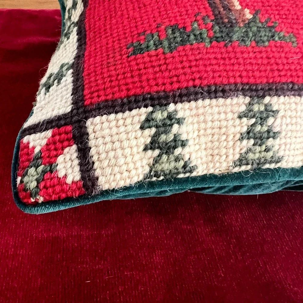 Vintage Needlepoint Deer Pillow Red Green Velvet Rustic Lodge Christmas Decor